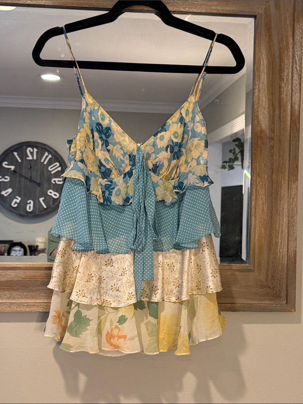 The Limited Floral & Polka Dot Tiered Ruffle Cami - Blue & Cream